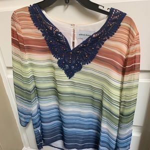 Blue brown and green striped blouse